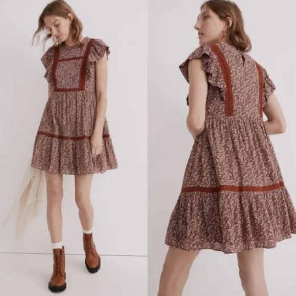 Madewell Floral Mini Dress in Brown & Red Size Small - Picture 2 of 7